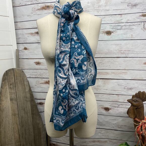 Hawaiian Paisley Rectangular Scarf Wrap Shawl Blue White - Picture 4 of 12
